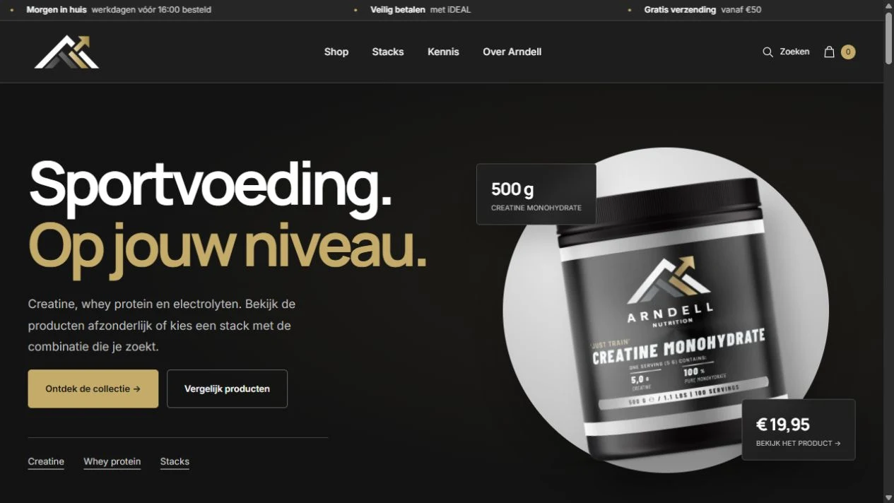 De gerealiseerde Arndell Nutrition Shopify-webshop